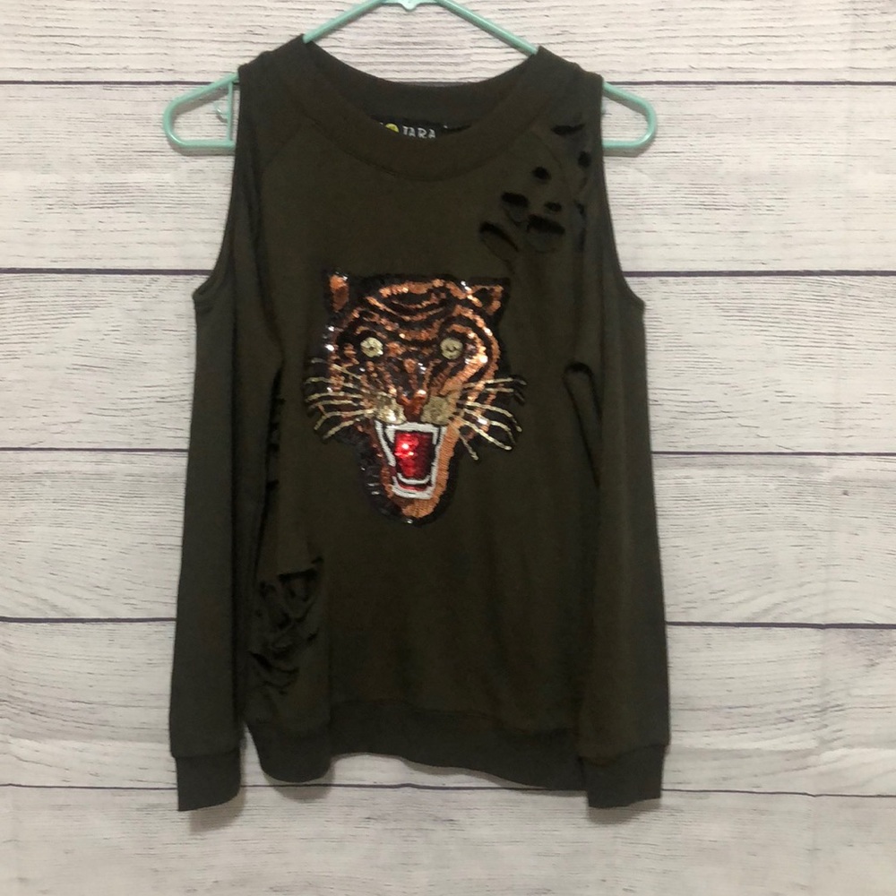 Sojara Distressed Sweatshirt Cold Shoulder Sequin Tiger Small S